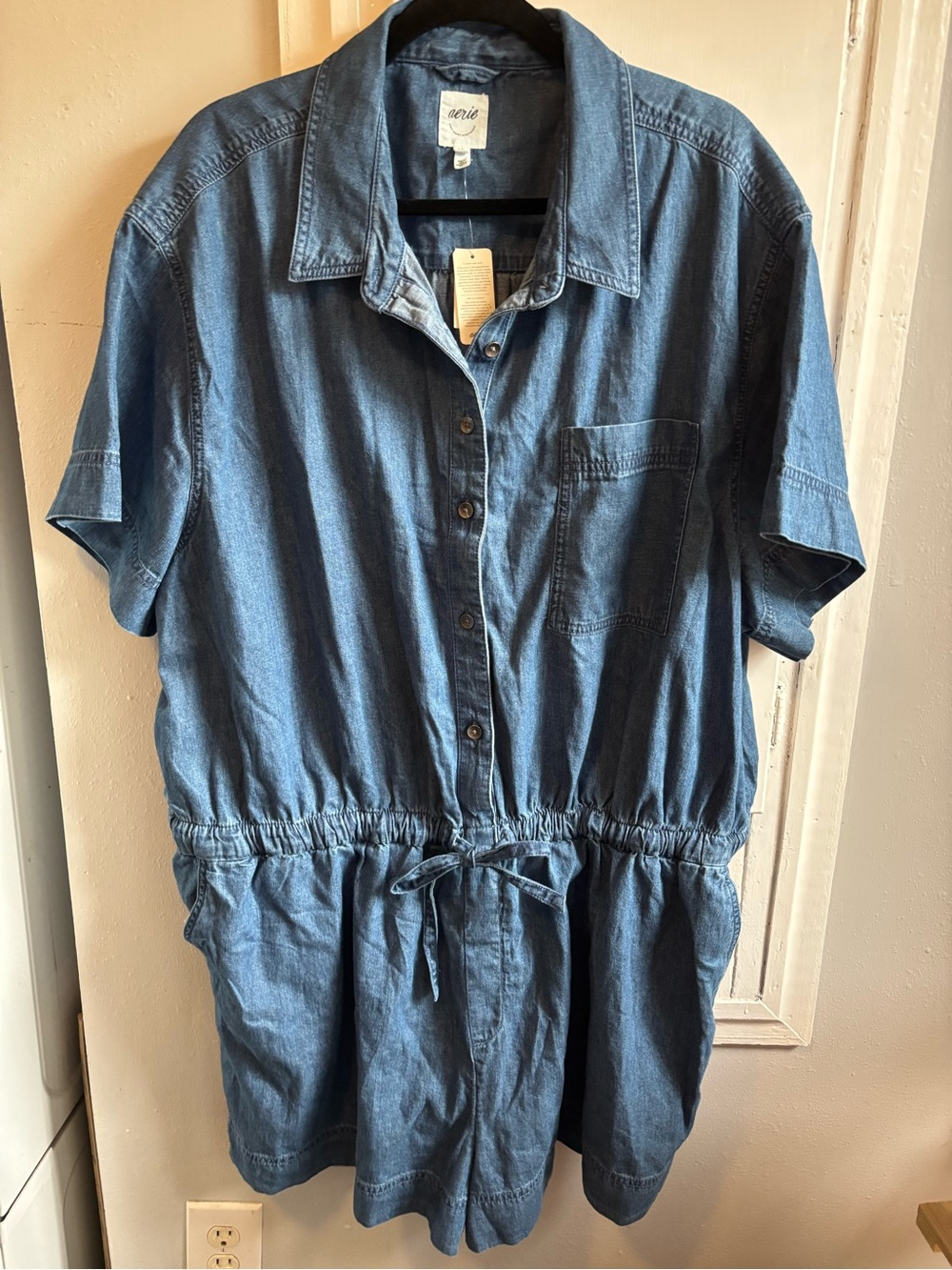 aerie Short-Sleeve Chambray One-Piece Romper in Blue